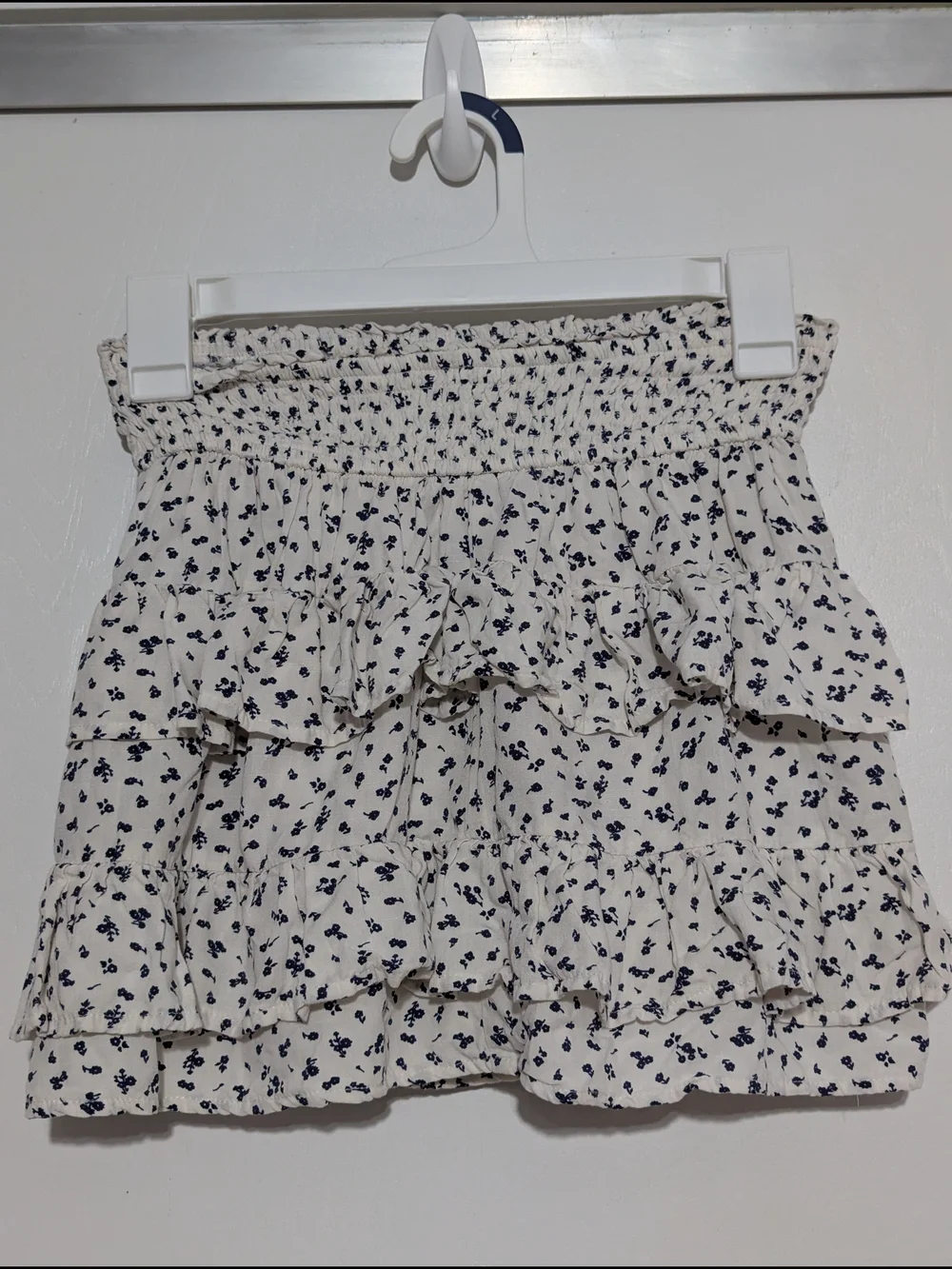 Tiered Ruffle Mini Skort in White with Navy Floral Print